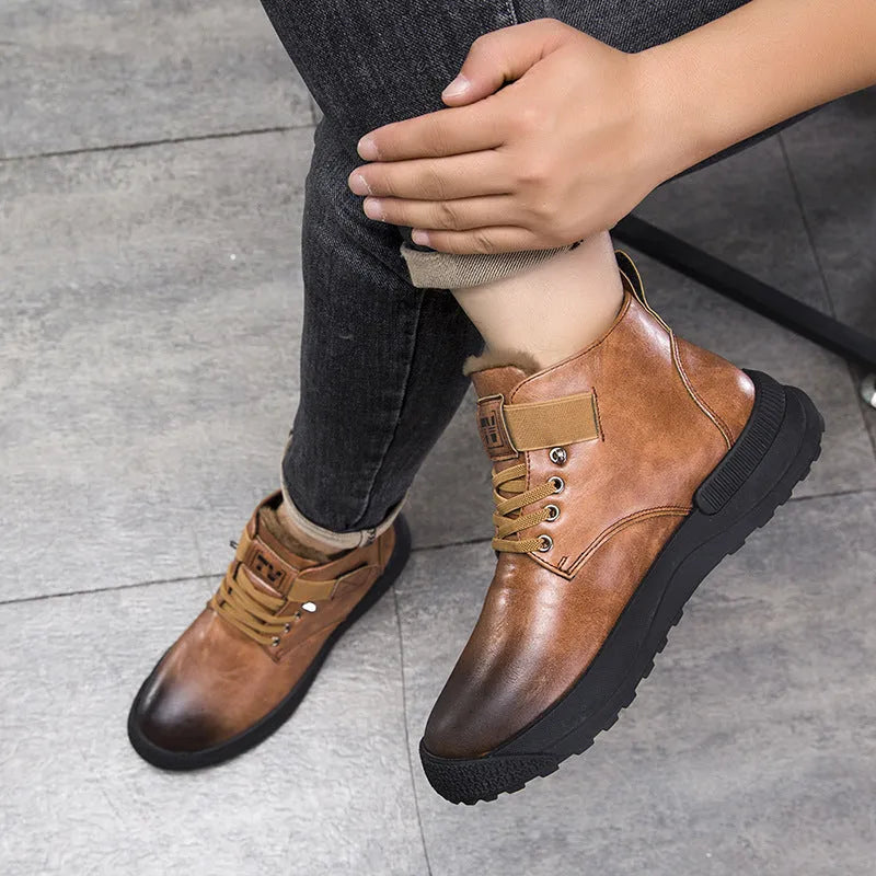 Black Martin boots with high-top platform design and velvet artificial PU upper