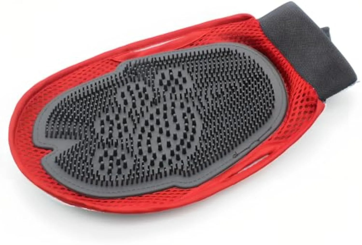 Red pet bathing glove with integrated brush for gentle grooming during wash time