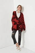 Loose fit cardigan with printed checks pattern in multiple colour options including grey, maroon and peacock blue