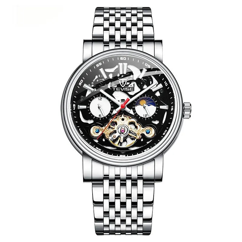 Men's black mechanical wristwatch with tourbillon detail and luminous hands on a leather strap.