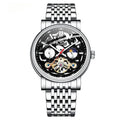 Men's black mechanical wristwatch with tourbillon detail and luminous hands on a leather strap.