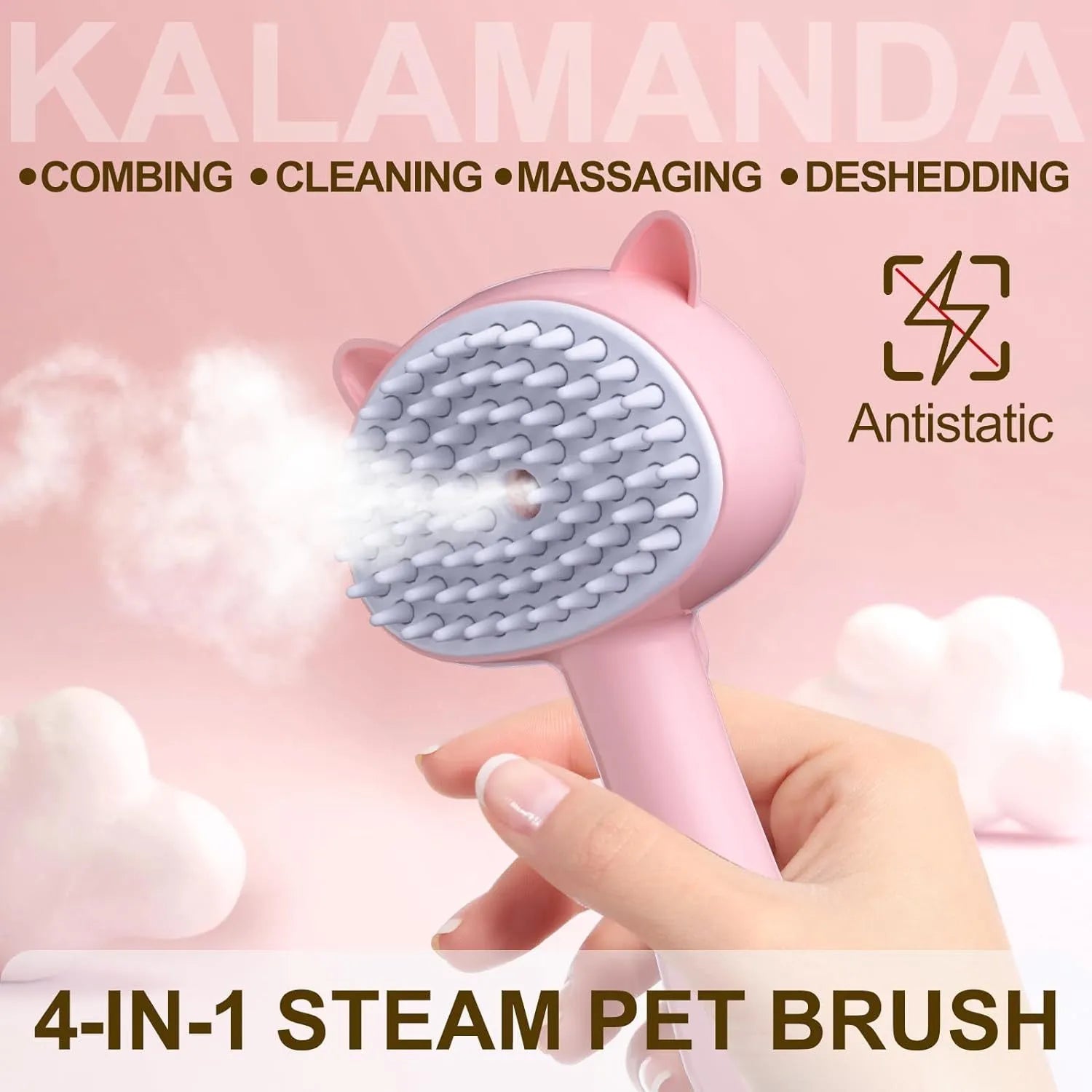 Blue pet steam brush with ergonomic handle and rubber bristles for grooming dogs cats