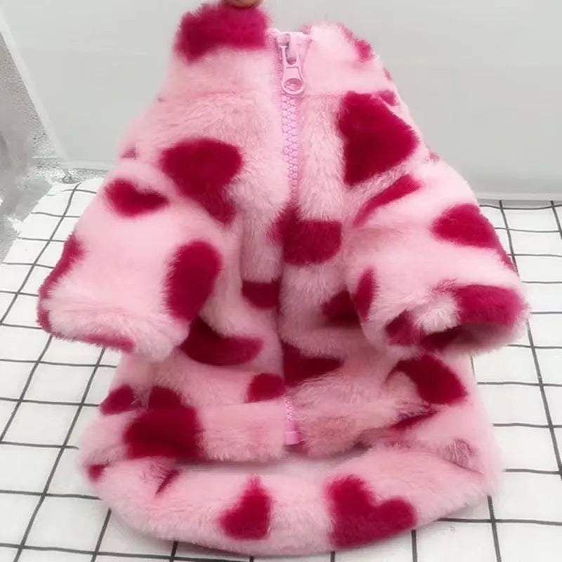 Plush polyester warm coat for small dogs in British style, available in pink or brown colours