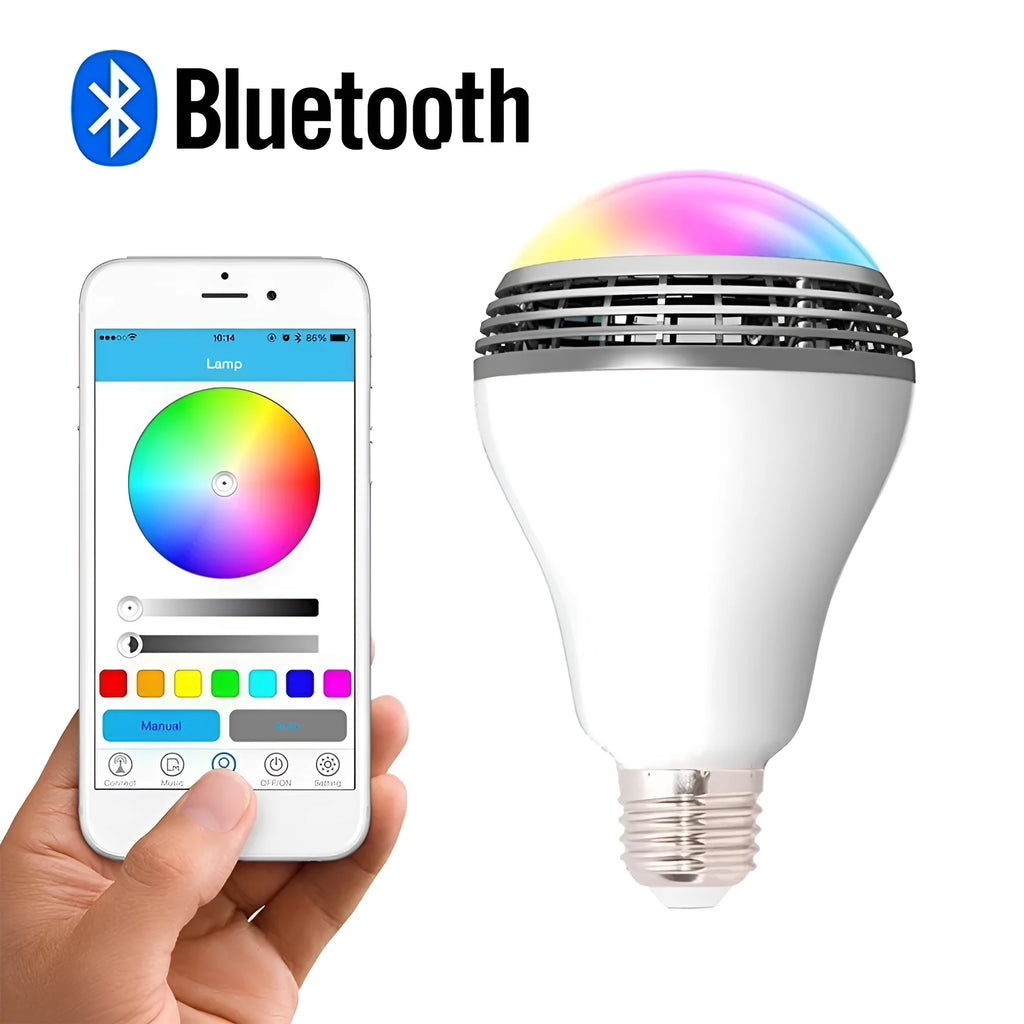 Smart E27 LED light bulb with integrated Bluetooth speaker for coloured lighting and music.