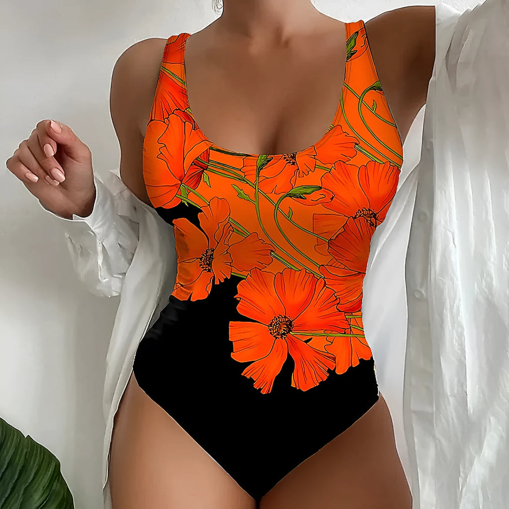 Orange flowers print backless one-piece swimsuit slim fit women's swimwear