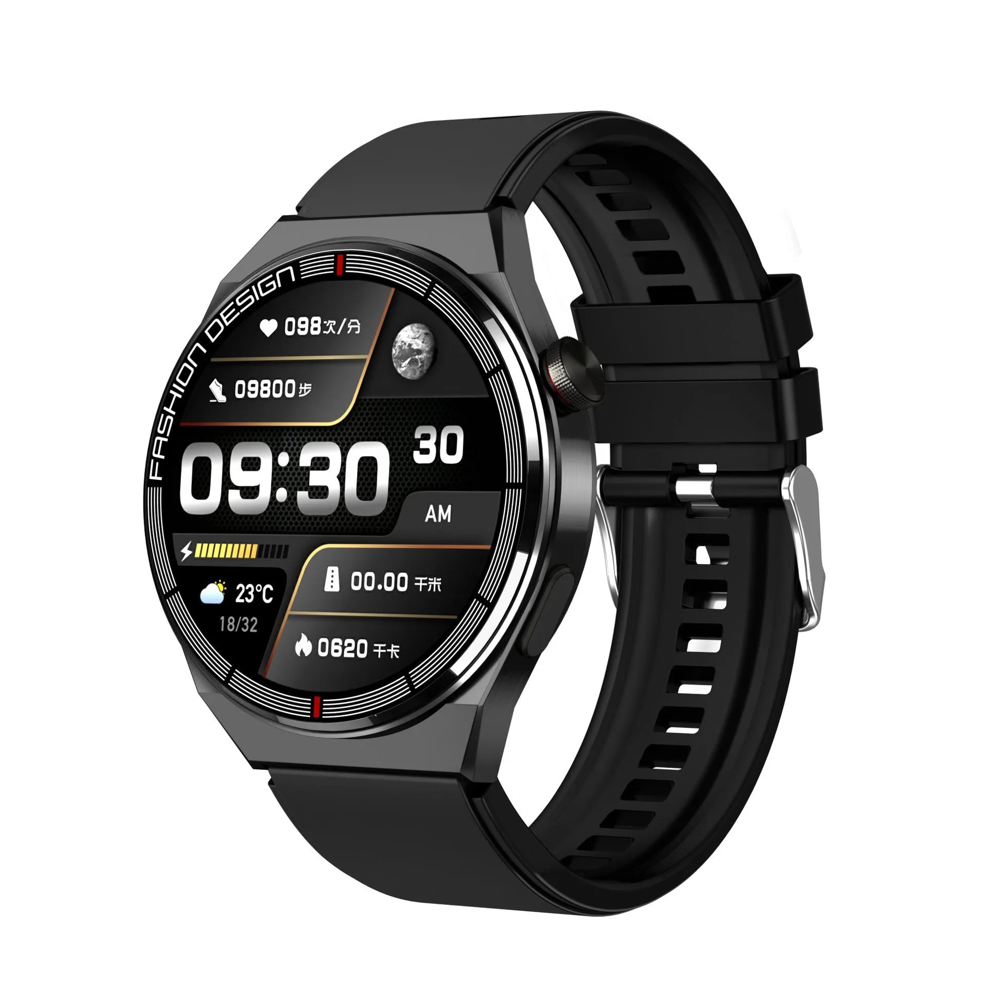Black smartwatch with 1.28-inch screen showing health metrics on silicone strap