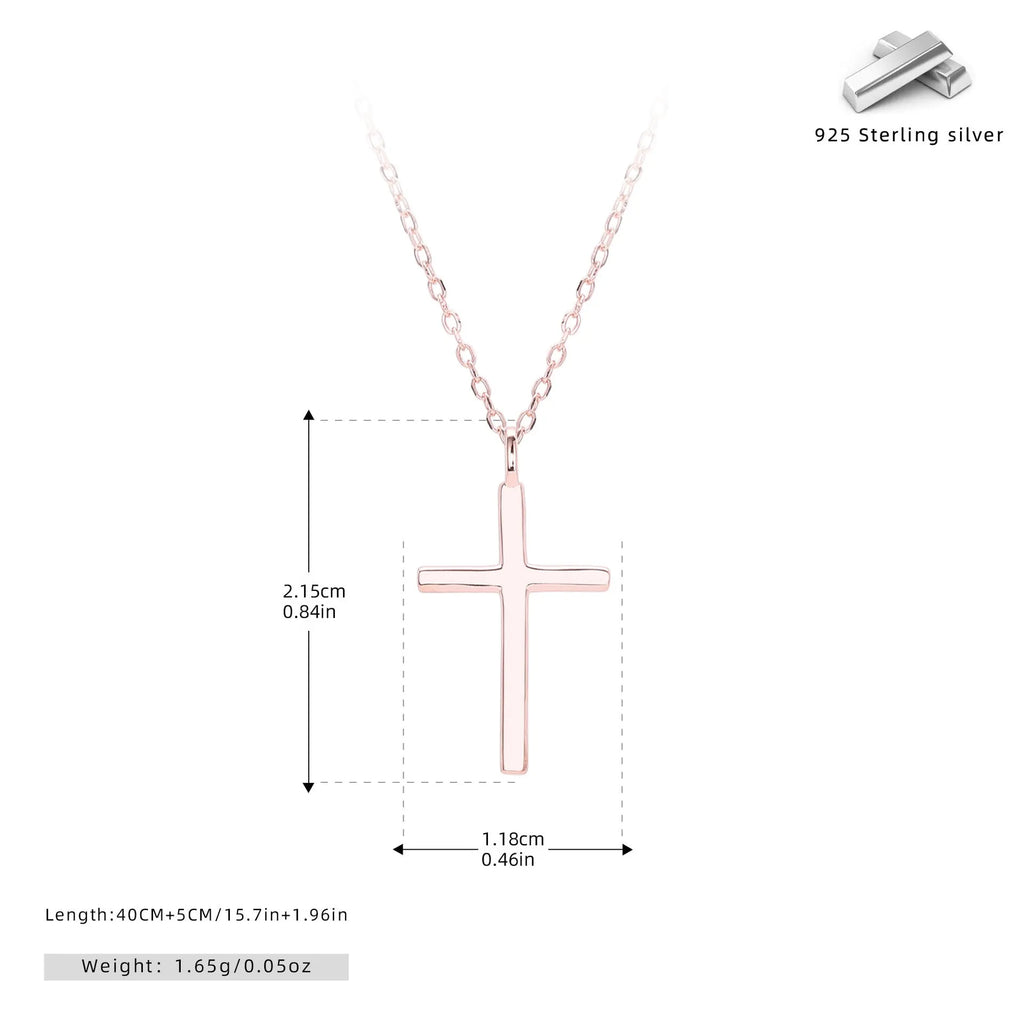 S925 sterling silver necklace showing simple glossy cross pendant on O-shaped chain in gold plating