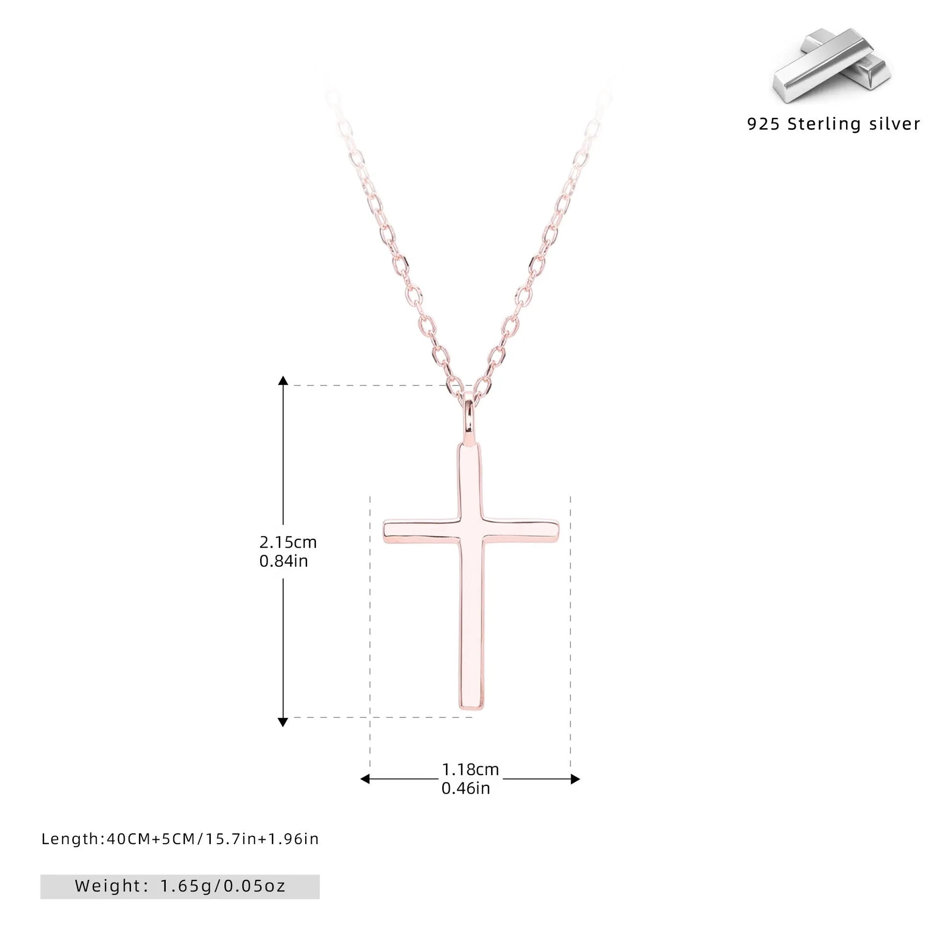 S925 sterling silver necklace showing simple glossy cross pendant on O-shaped chain in gold plating