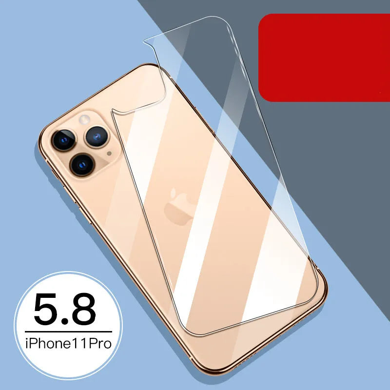 Tempered glass screen and rear camera protectors for Apple iPhone models on a white background.
