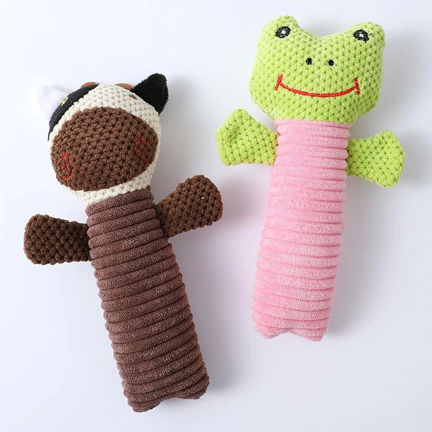 Squeaky stuffed dog chew toy in animal design for dental cleaning and teething relief