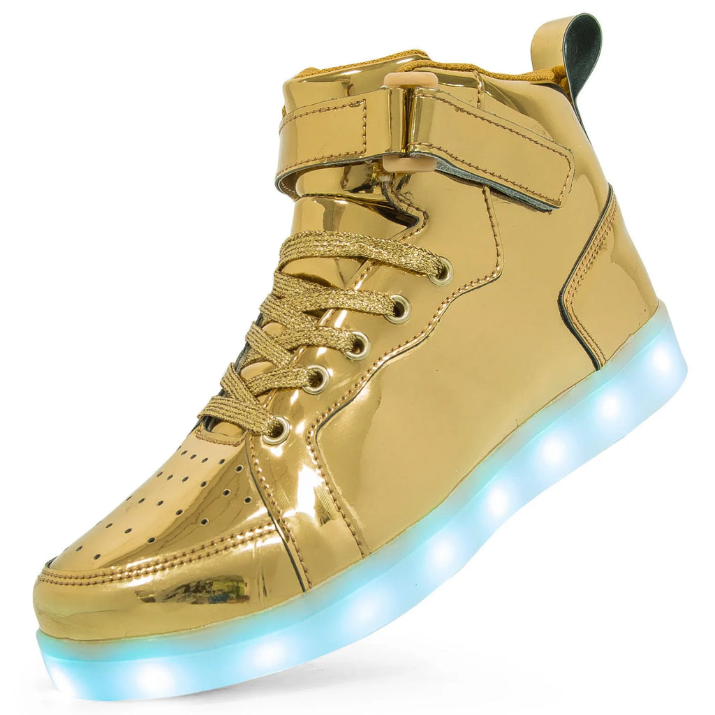 High-top trainer with LED lights on the side, Velcro strap closure, shown in gold colour.