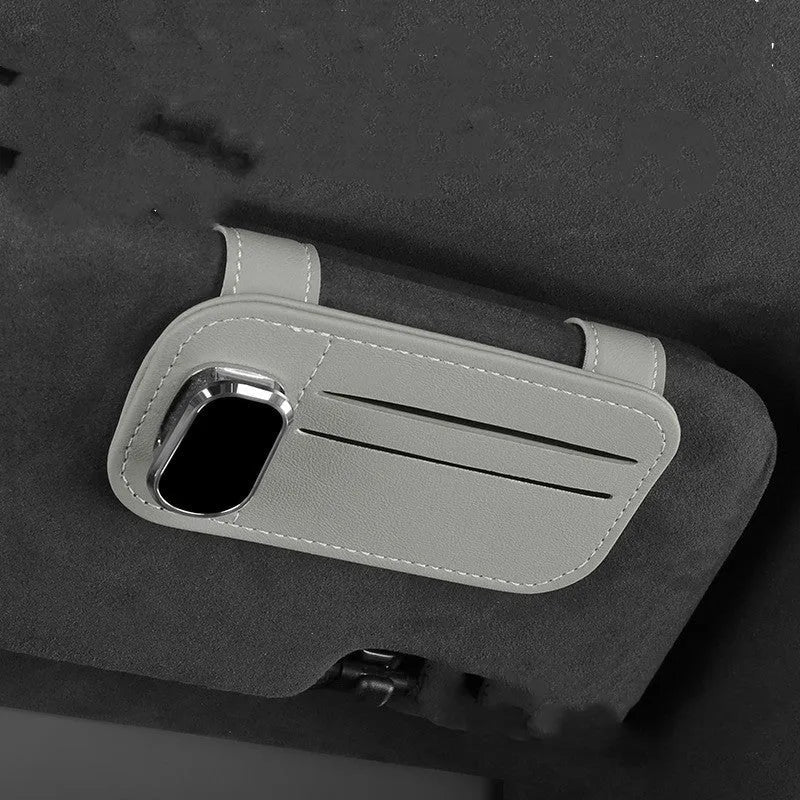 Cowhide leather car sun visor card holder with glasses clip in choice of five colours.