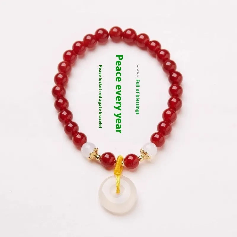 Chinese style handmade natural jinsi jade safety buckle bracelet with red agate and emerald beads