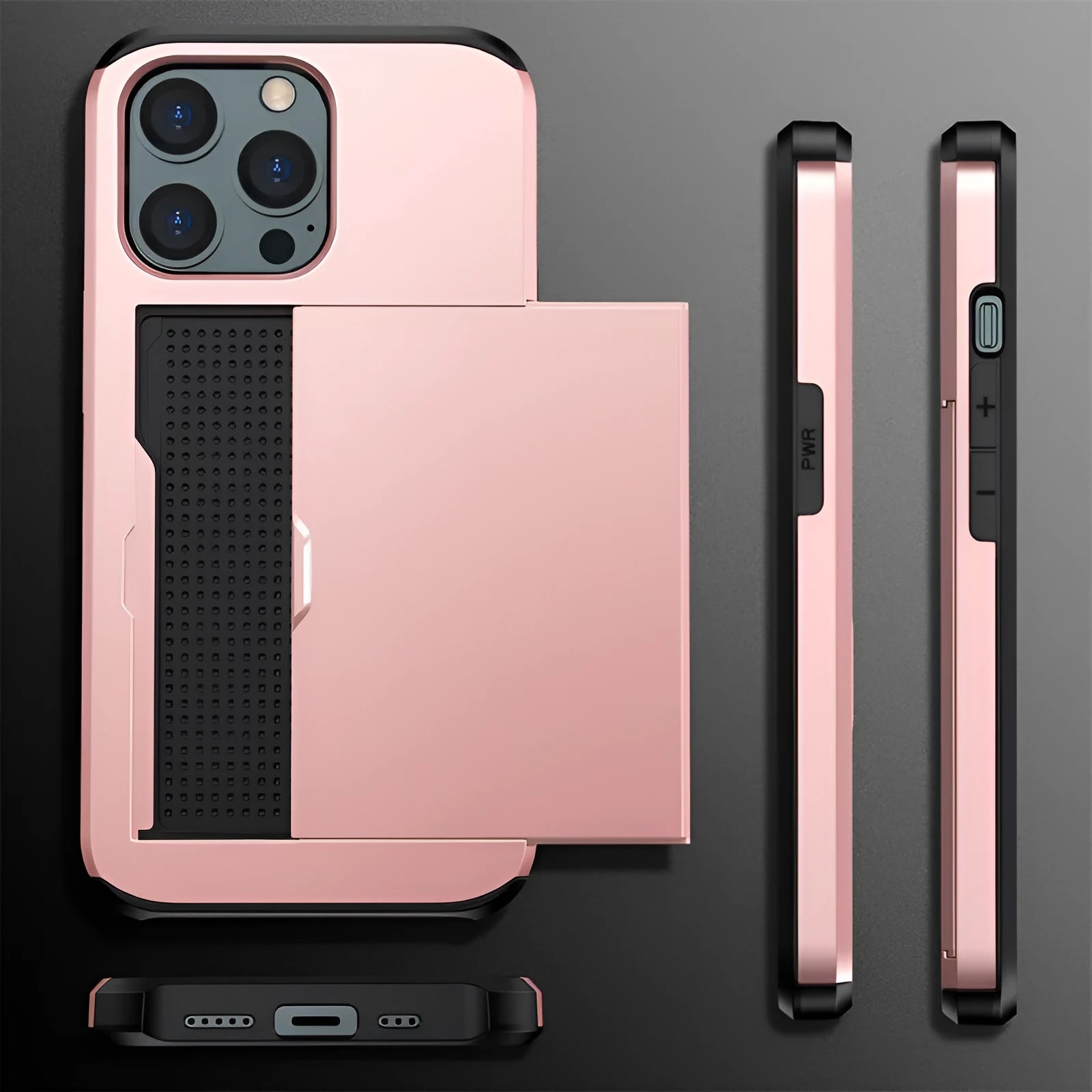 iPhone 13 mobile phone wallet case with sliding card cover in multiple colour options