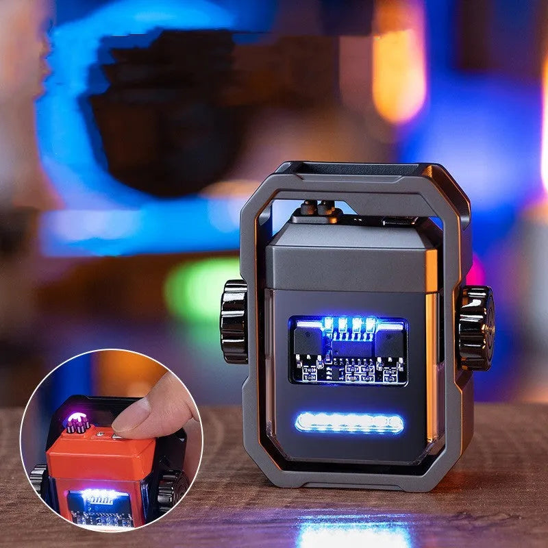 Blue double arc electric lighter with a spinning mechanical gyroscope, shown folded and unfolded.