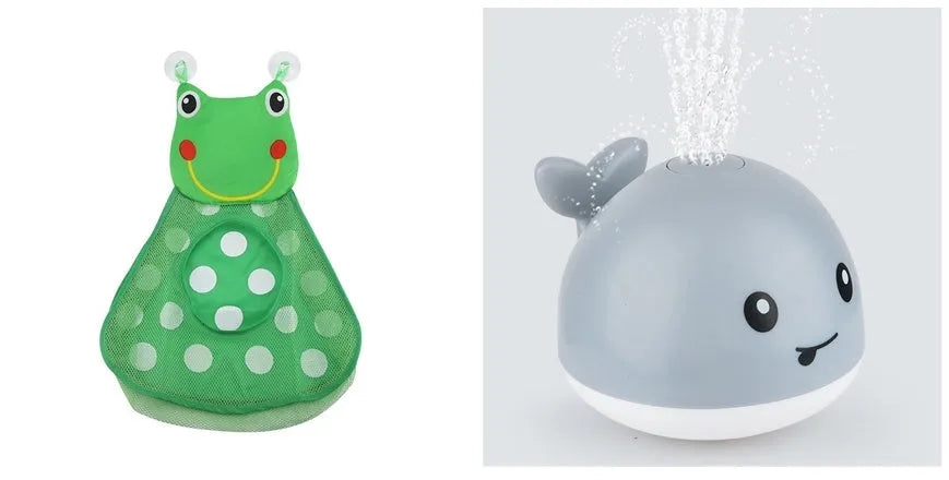 Automatic water spray whale bath toy with colourful LED lights floating in baby bath
