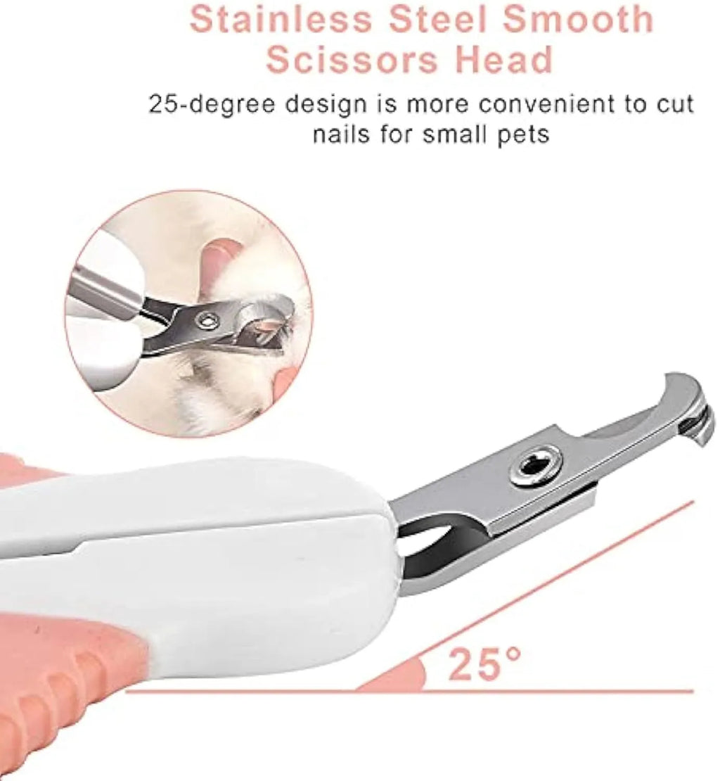 Grey and pink cat nail clippers with angled stainless steel blade and safety guard on a non-slip handle.