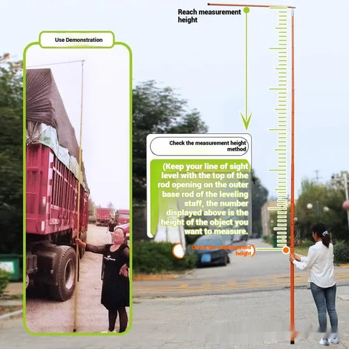 Telescopic truck height measuring rod extended to full height with clear measurement markings visible
