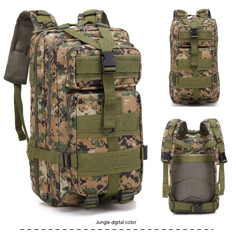 Large khaki coloured off-road hiking backpack with adjustable straps and multiple compartments.