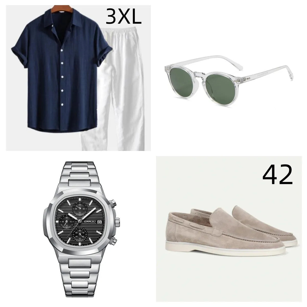 Casual loose cotton linen short sleeve suit in multiple colours with matching glasses, shoes and watch accessories