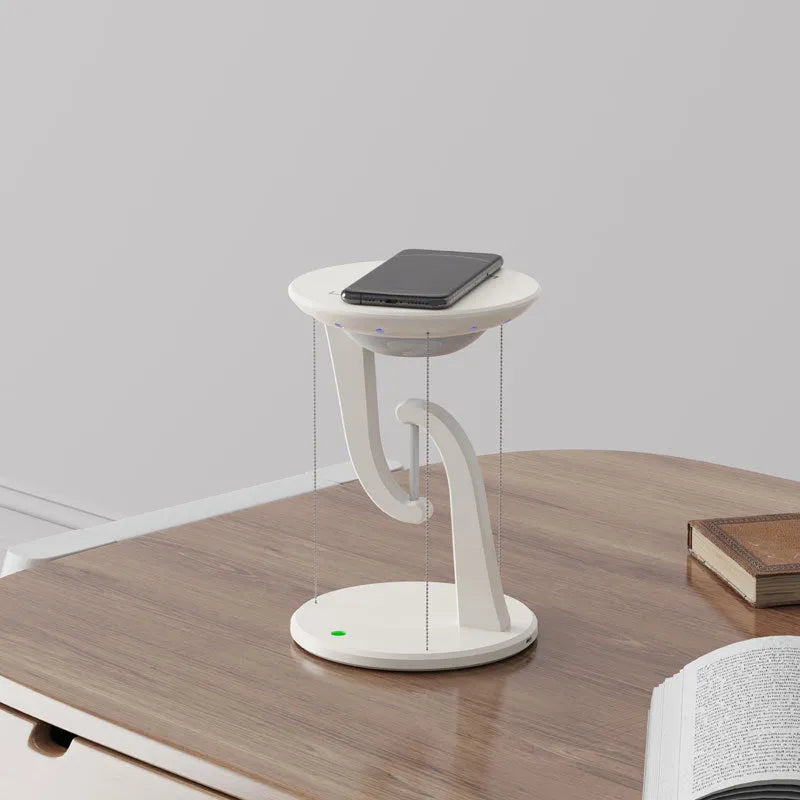 White creative smart wireless phone charger suspension lamp on desk with USB cable