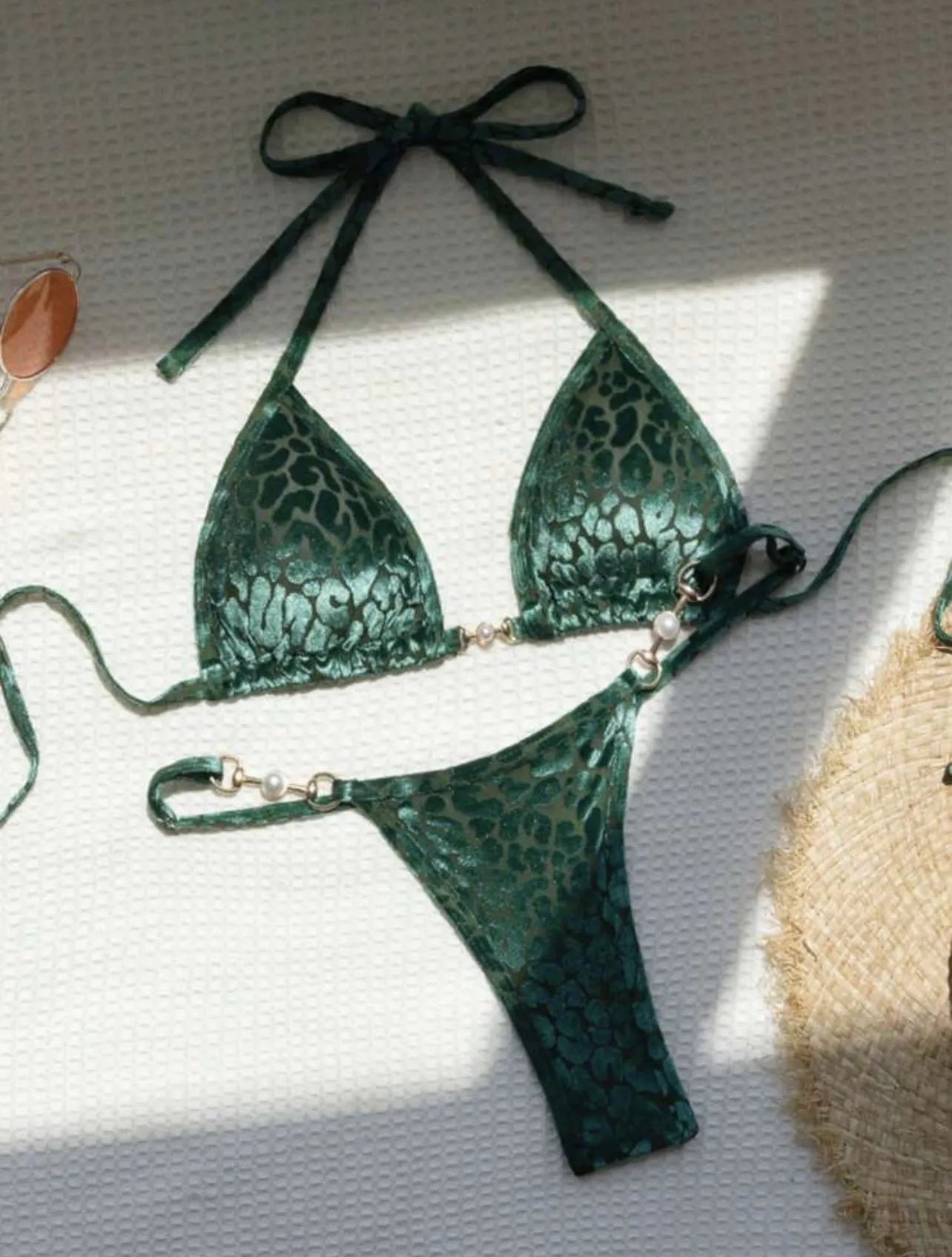 Women's leopard print bikini set with T-back design in multiple colour variations