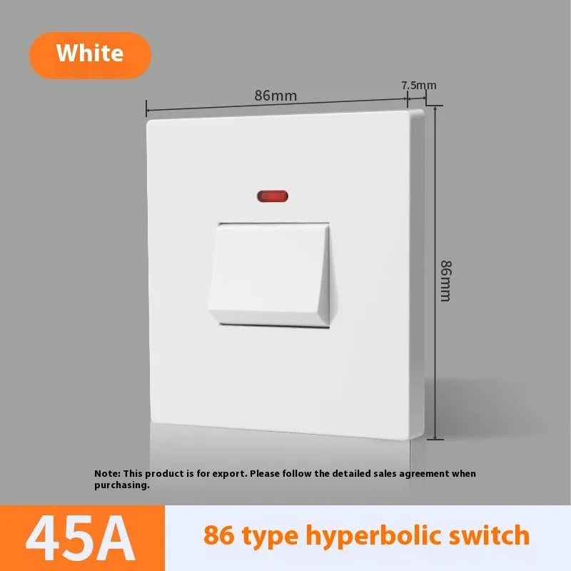 A white, high-current double-break electrical switch with a light panel indicator, shown alongside gold and grey colour variants.
