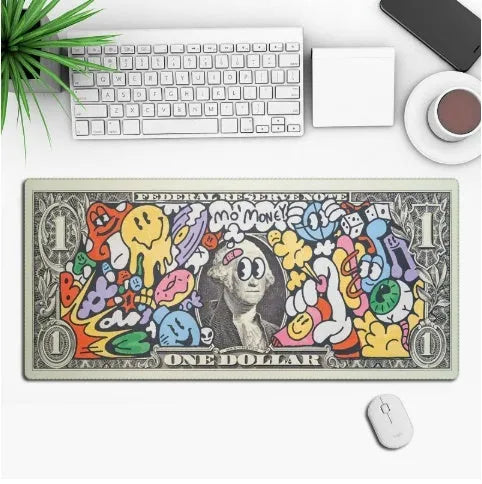 Hot anime series gaming mouse pad with colourful graphic, shown on a desk with a mouse.