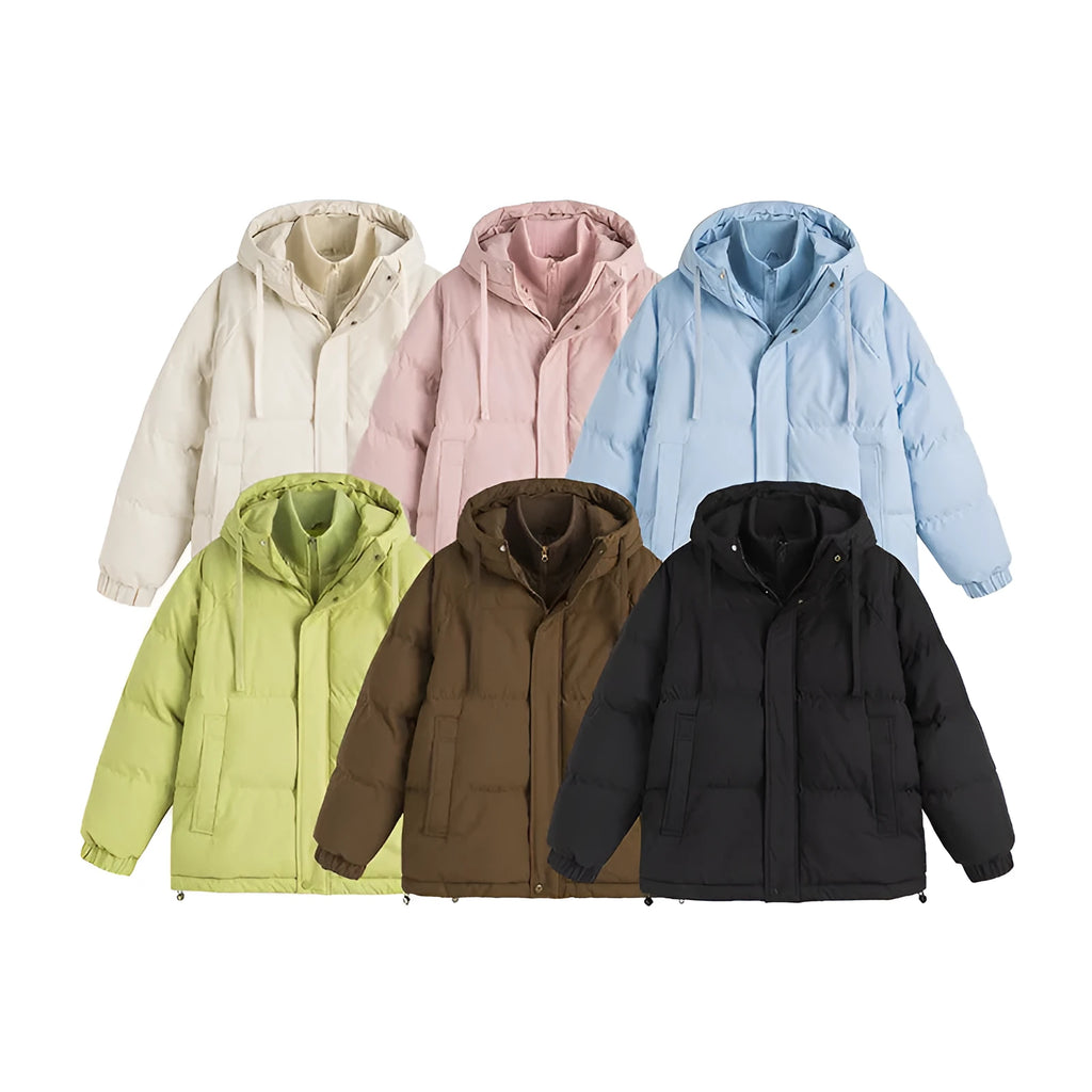 Loose beige cotton-padded jacket with side seam pockets on a hanger