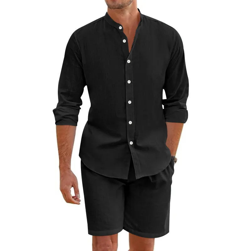 Men's summer shirt shorts set with button-down short sleeve shirt and drawstring shorts in multiple colour options