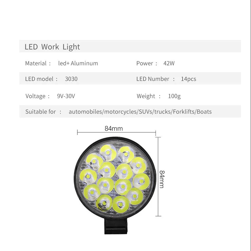 Mini round aluminium LED work light with white light, 42W power and IP67 waterproof rating.