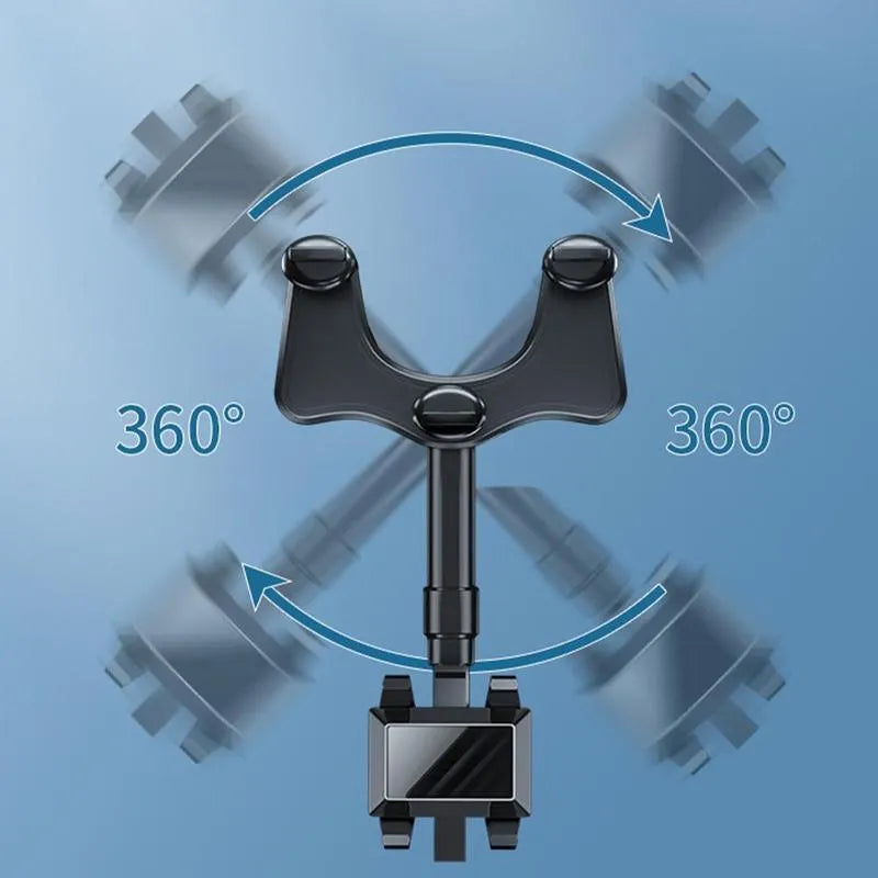 Black rearview mirror phone holder for car showing 360° rotation and retractable arm