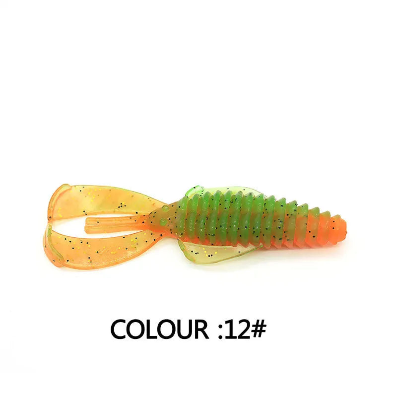 PVC fishing soft bait lure in various colours showing 8cm and 12cm size options