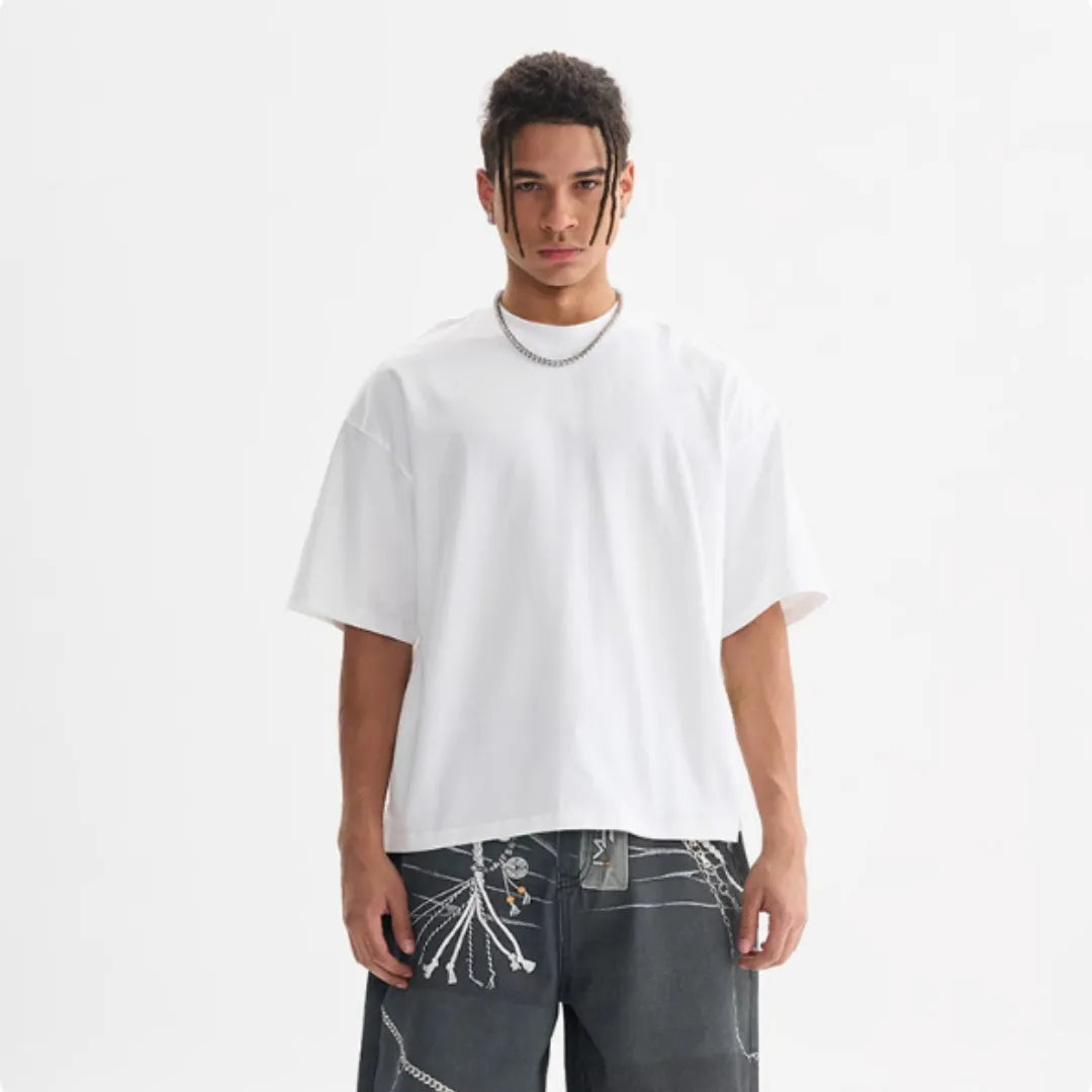 Men's loose fit pure cotton American style T-shirt in apricot colour on a hanger