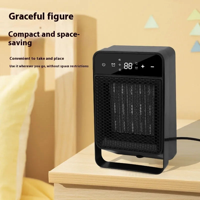 Black desktop warm air blower heater with touch screen digital display and remote control on wooden desk
