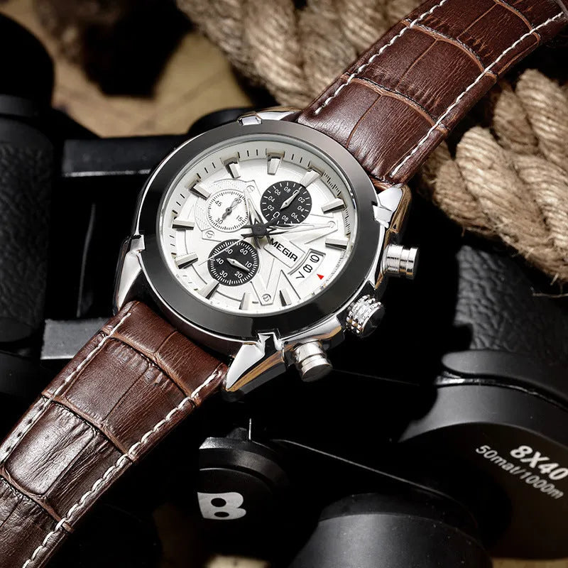 Men's multifunctional wristwatch with three subdials, six hands, waterproof construction, and luminous markers