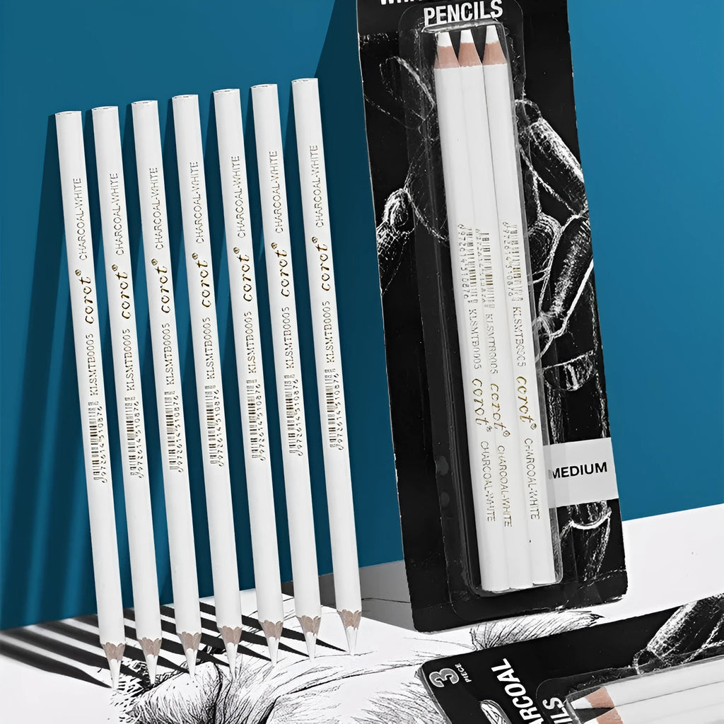 White charcoal pencil sketching set with highlighting pen and powder lead brush tools in wooden casing