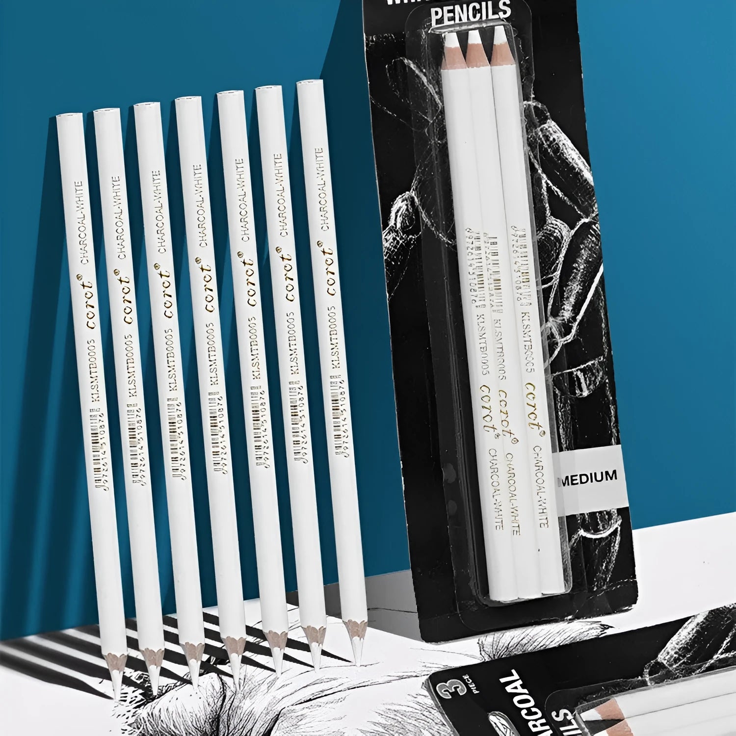 White charcoal pencil sketching set with highlighting pen and powder lead brush tools in wooden casing