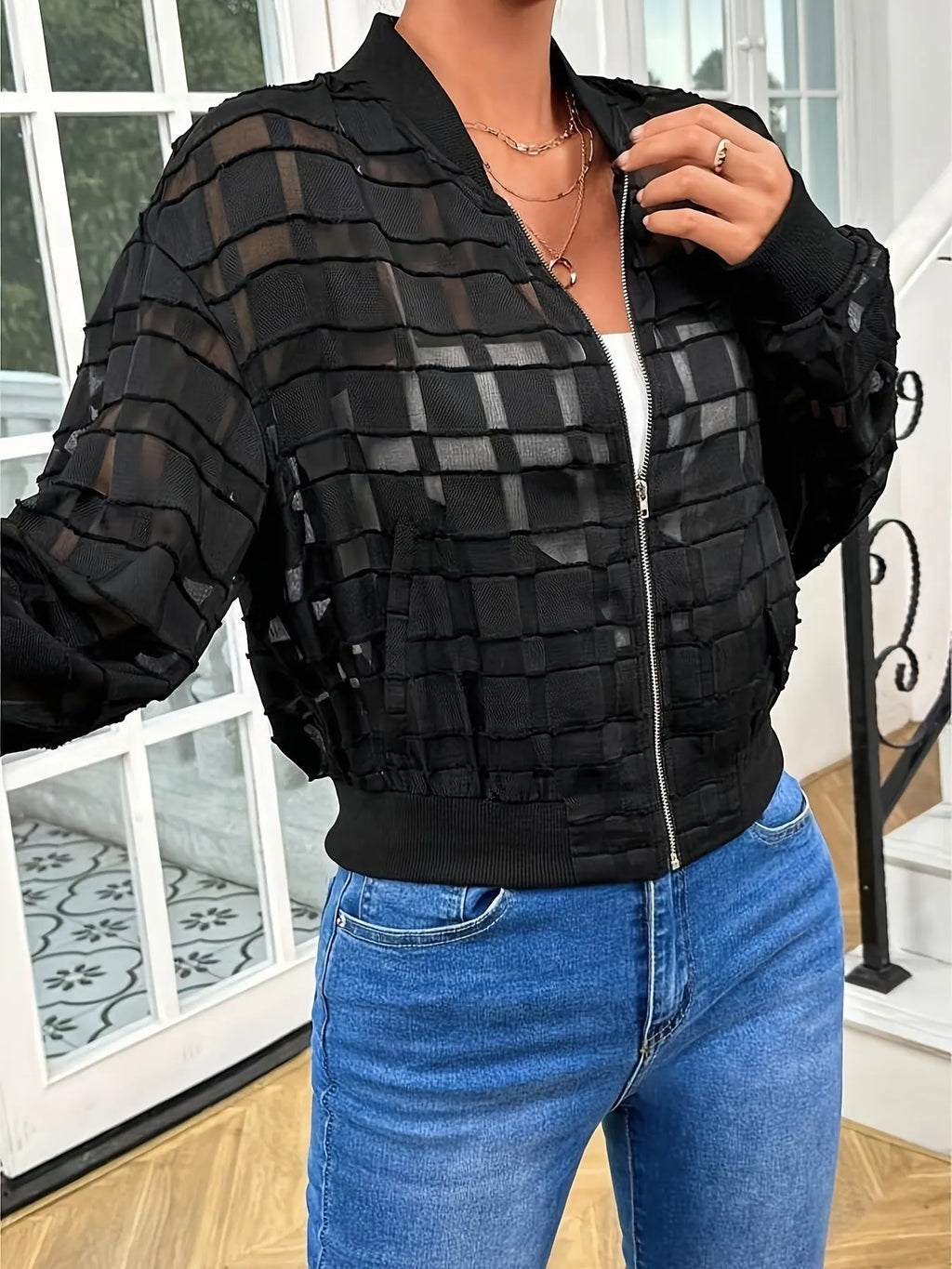 Black women's geometric pattern semi-transparent polyester zipper jacket with long sleeves