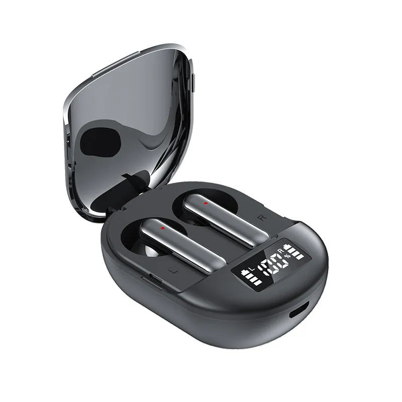 Black and white wireless Bluetooth in-ear headphones with a digital display charging case.