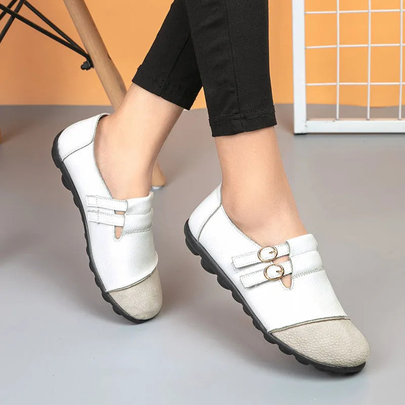 Casual Gommino style flat shoes with cow split leather upper and Velcro closure in multiple colours
