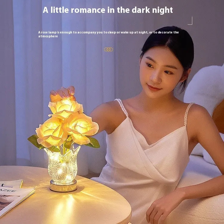 Modern crystal flowers bedside table lamp with USB charging port and touch-sensitive dimming control.