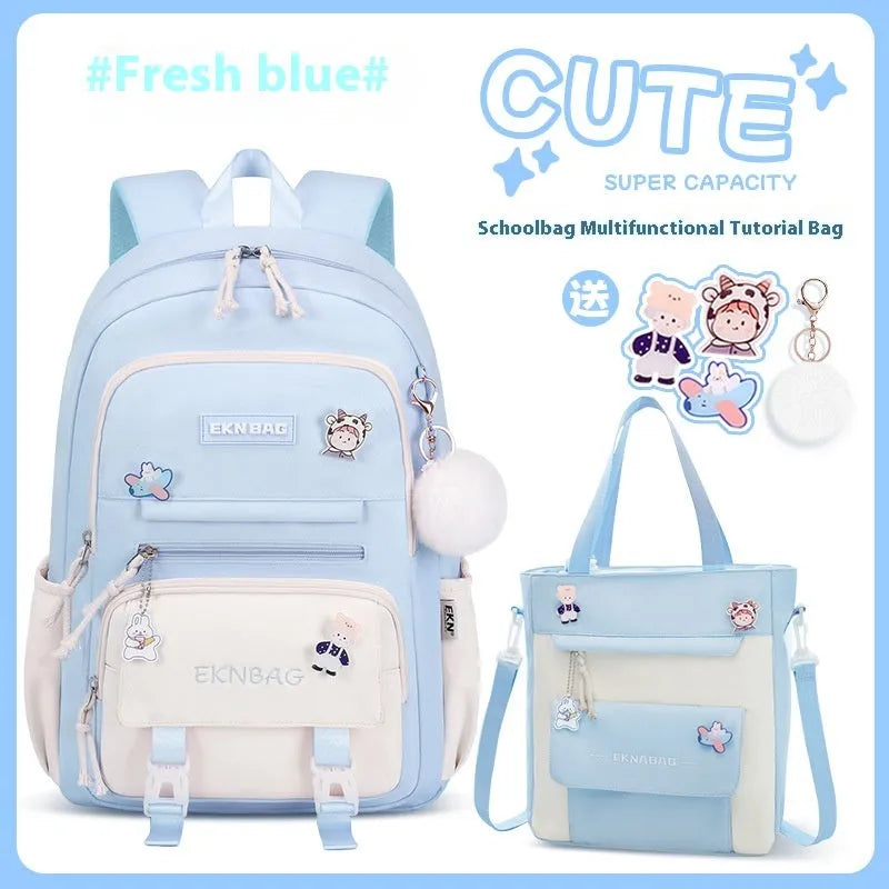 Girls waterproof Oxford cloth school backpack with curved straps and spine protection in solid colours for grade 5-6 students
