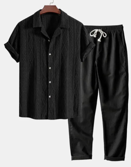 Camouflage print casual suit with short sleeve shirt and trousers in slim fit