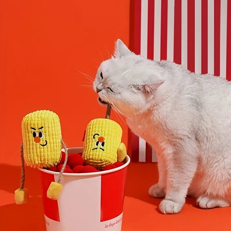 Natural wood corn cob shaped chew toy for cats on a white background.