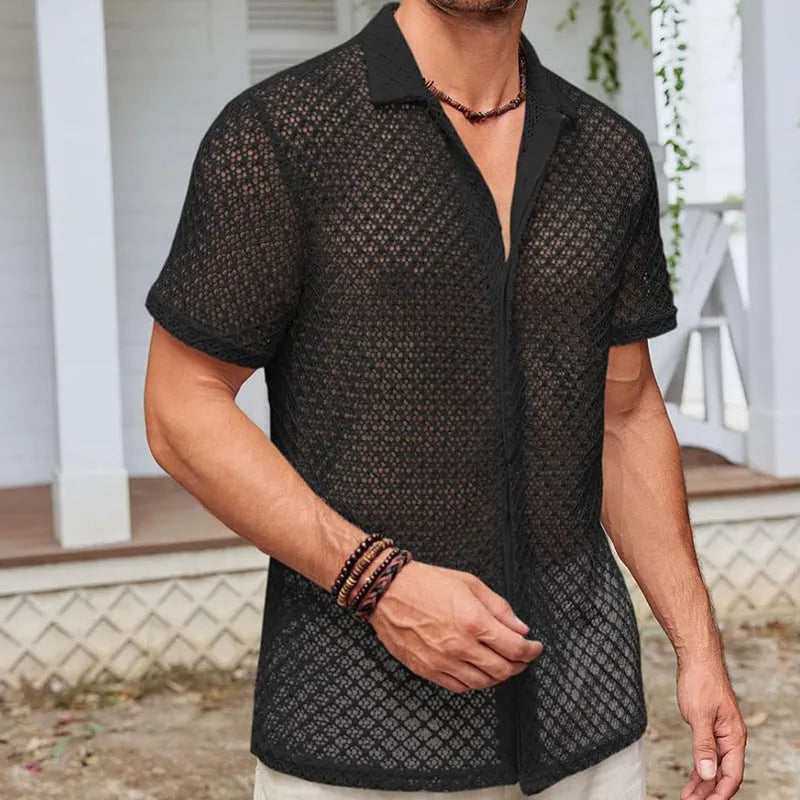 Men's short sleeve lapel cardigan shirt in cotton blend fabric for summer wear