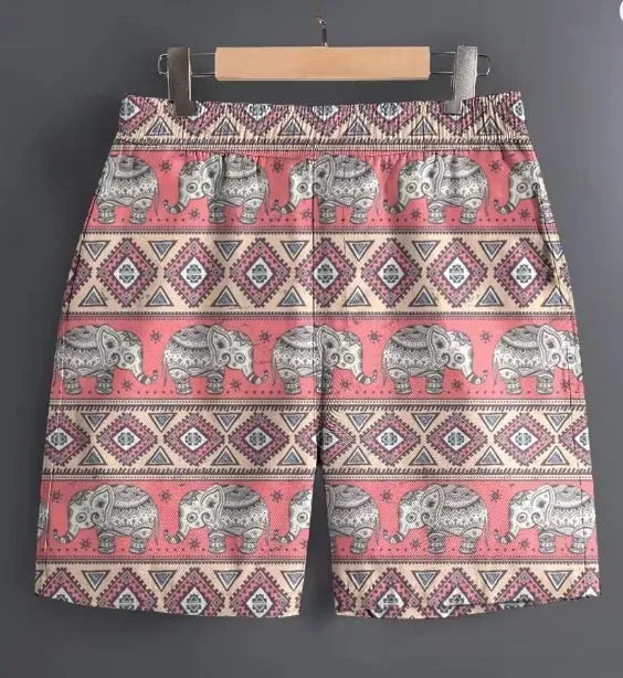 Men's casual polyester shorts in various patterns with Asian sizing from S to 5XL