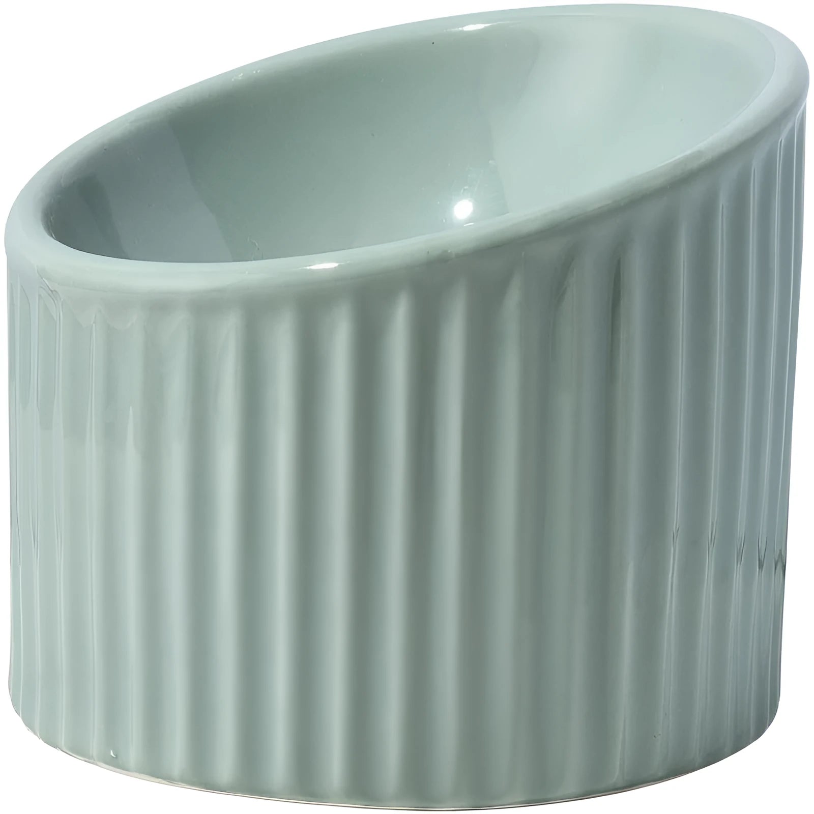 Dark green elevated ceramic cat bowl on a wooden floor, showing its raised height and round, whisker-friendly shape.
