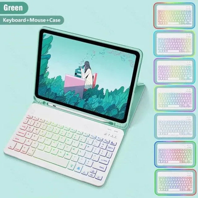 iPad leather protective case with built-in luminous RGB backlit Bluetooth keyboard and optional mouse in various colours.