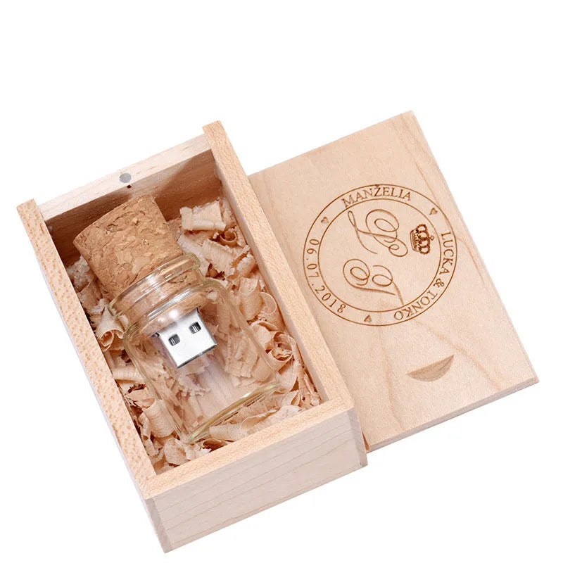 Personalised wooden USB flash drive in drift bottle storage disk shape with chocolate wood finish
